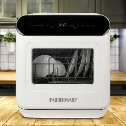 Cheapest 🛒 Farberware Complete 18 in. White Portable Countertop Dishwasher with UV Light, 5 Wash Programs, Glass Door 😀 -Appliance Parts Store white farberware countertop dishwashers fcdmgdwh 4f 1000